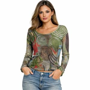 Y2K Abstract Swirl Knit shimmer Top Metallic Stretch Long Sleeve Medium artsy